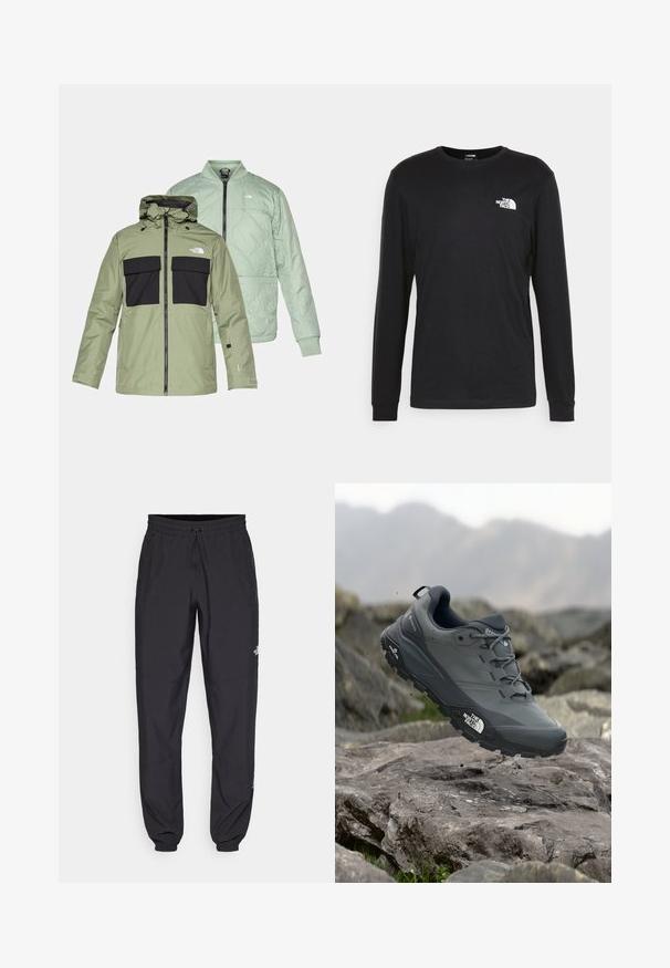 Dva preklapajuća jakna: maslinasto zelena vodootporna jakna s crnim prsima džepovima i kapuljačom te svijetlo metvasta zelena kviltana bomber jakna.; Crna majica dugih rukava od pamuka, s bijelim logotipom na lijevoj strani prsnog koša i rebrastim manžetama. Glatka tekstura s okruglim dekolteom.; Crne sportske hlače od lagane tkanine, s pojasom na vezanje, bočnim džepovima i suženim manžetama na gležnjevima.; Sive trail trkačka cipela s teksturiranim gornjim dijelom, izdržljivom gumenom potplatom i ojačanim vrhom. Ima vezice i logotip branda sa strane.