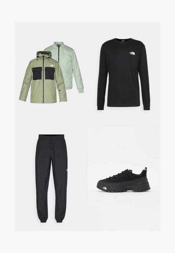 Du iki švarkai, persidengiantys vienas su kitu: alyvuogių spalvos vandeniui atsparus švarkas su juodais krūtinės kišenėmis ir gobtuvu bei šviesiai mėtinės spalvos pagalvėlių stiliaus švarkas.; Juoda džemperis ilgomis rankovėmis, pagamintas iš medvilnės, su baltu logotipu kairėje krūtinės pusėje ir pūstomis rankogaliais. Lygus paviršius su apykakle.; Juodos sportinės kelnės, pagamintos iš lengvos medžiagos, su raišteliu liemens srityje, šoniniais kišenėmis ir siaurėjantys apykaklės prie kulkšnies.; Juodas lauko sportinis batelis su zomšiniu viršumi, tekstūruota guma padais ir tvirtas raištelių sistema. Yra sustiprinta kulno dalis ir prekės ženklo logotipas šone.