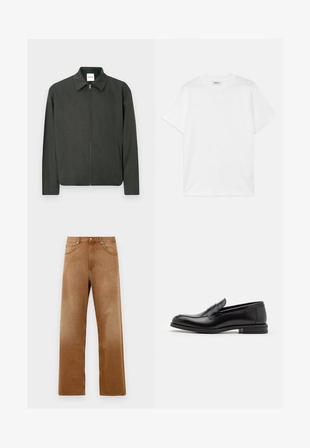 Mørkegrøn jakke med krave, lynlås foran og sidelommer. Fremstillet af et tekstureret stof med et enkelt og rent design.; Hvid bomulds t-shirt med rund hals, korte ærmer og et diskret logo trykt foran. Glat tekstur og enkelt design.; Brune denim wide-leg jeans med høj talje, som har to frontlommer, en knaplukning og en subtil tekstur. Ingen synlige mønstre eller accenter.; Sorte læderloafers med en glat overflade, rund tå og en dekorativ strop over vampen. Lav hæl med stabeldesign, minimalistisk stil.