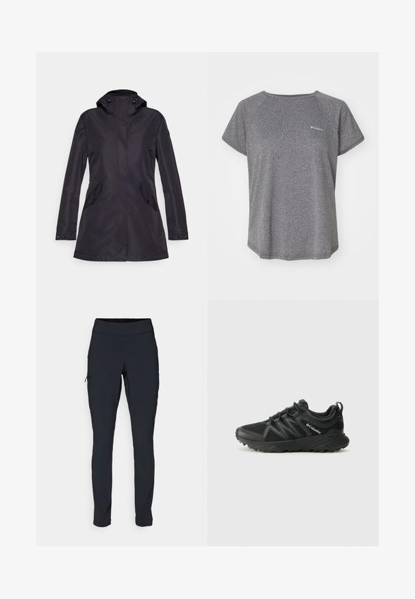 Musta vedenpitävä takki hupulla, etuvetoketjulla, kahdella sivutaskulla ja säädettävillä hihansuilla. Sujuva pinta ja moderni muotoilu.; Harmaa lyhythihainen paita, jossa on hillitty tekstuuri, pyöreä pääntie ja Columbia-logo rinnassa. Pehmeä kangas, rento istuvuus.; Musta urheiluhousut slim fit -mallilla, joustavalla vyötärönauhalla ja sivutaskulla, jossa on vetoketju. Sujuva, venyvä kangas, jossa on minimaalinen sauma.; Columbia PEAKFREAK - Vaelluskengät - black