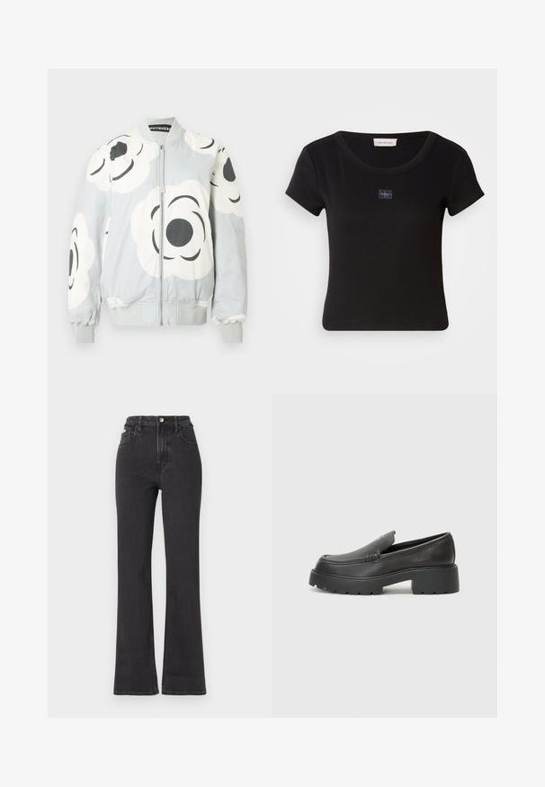 Világosszürke bomberdzseki nagy fehér virágmintákkal és fekete részletekkel. Elöl cipzáras, bordázott gumírozott mandzsettákkal és szegéllyel.; Fekete, rövid ujjú póló bordázott textúrával, kis logó felvarrással a mellkason és kerek nyakkivágással.; Fekete, magas derekú, trapéz fazonú farmernadrág, gombos záródással, övrésszel és oldalsó zsebekkel. Sima textúrájú, minimális kopással.; Fekete bőr loafer cipők kerek orral, vastag, texturált talppal és minimális varrási részletekkel. Áramvonalas dizájn, látható fűzők vagy fém részek nélkül.