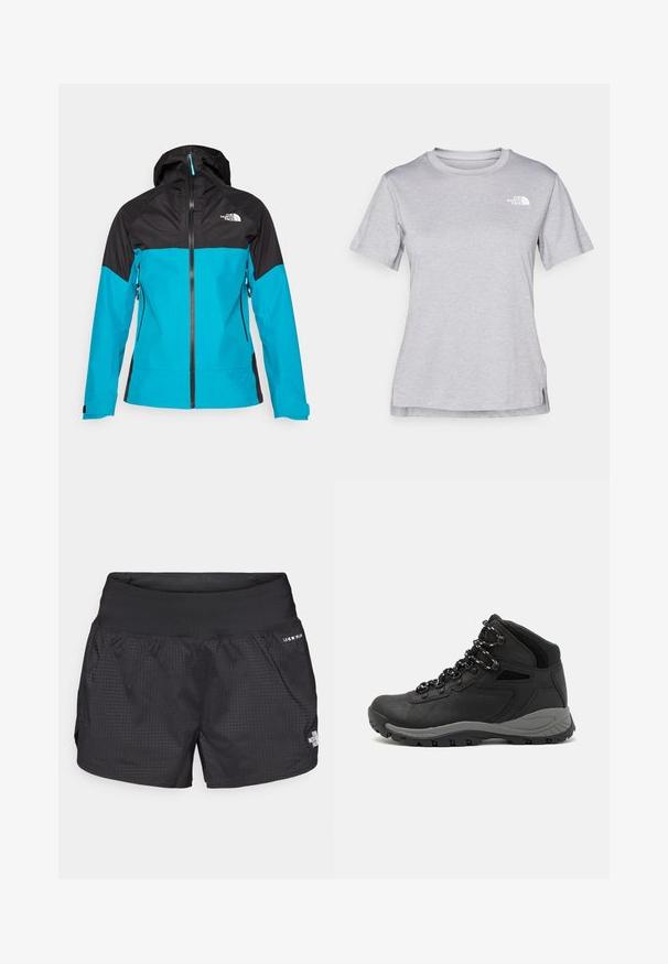 Veste à capuche avec une partie supérieure noire et un bas turquoise, dotée d'une fermeture éclair frontale et de poches latérales, fabriquée dans un matériau léger et imperméable.; T-shirt gris à manches courtes fabriqué en tissu doux et évacuant l'humidité. Il présente un col rond et un petit logo blanc en haut à gauche.; Shorts de course noirs avec un tissu texturé, une taille élastique et des poches latérales ; affiche un petit logo à l'avant.; Botte de randonnée noire au design mi-haut, avec un dessus texturé, des accents gris et une semelle en caoutchouc durable avec des crampons de traction.