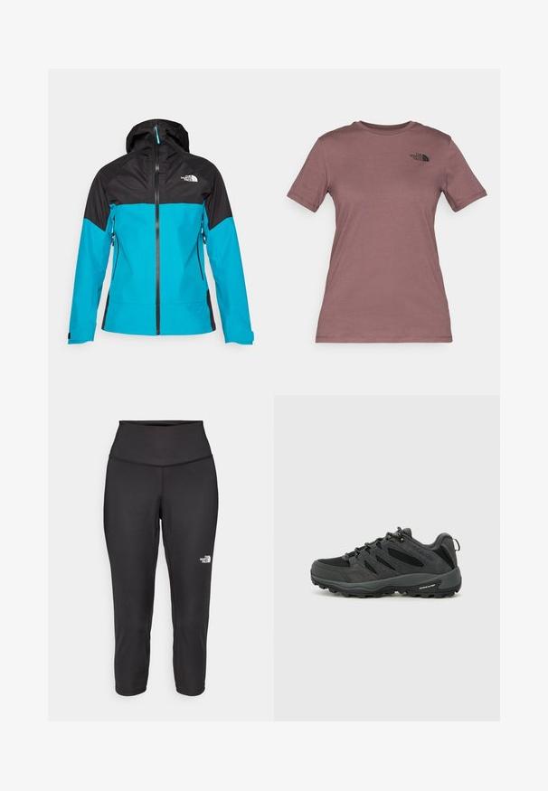 Hooded Jacket mit einem schwarzen oberen Teil und einem türkisfarbenen unteren Teil, ausgestattet mit einem Frontreißverschluss und Seitentaschen, hergestellt aus einem leichten, wasserdichten Material.; Kurzärmliges T-Shirt mit Rundhalsausschnitt in gedämpftem Mauve, aus weichem Stoff gefertigt. Mit einem kleinen, schwarzen Logo auf der oberen linken Brust.; Schwarze Capri-Leggings aus dehnbarem Stoff mit einem hohen Bund und einem kleinen weißen Logo auf der linken Seite. Glatte Textur.; Columbia REDMOND - Hikingschuh - black/citron haze