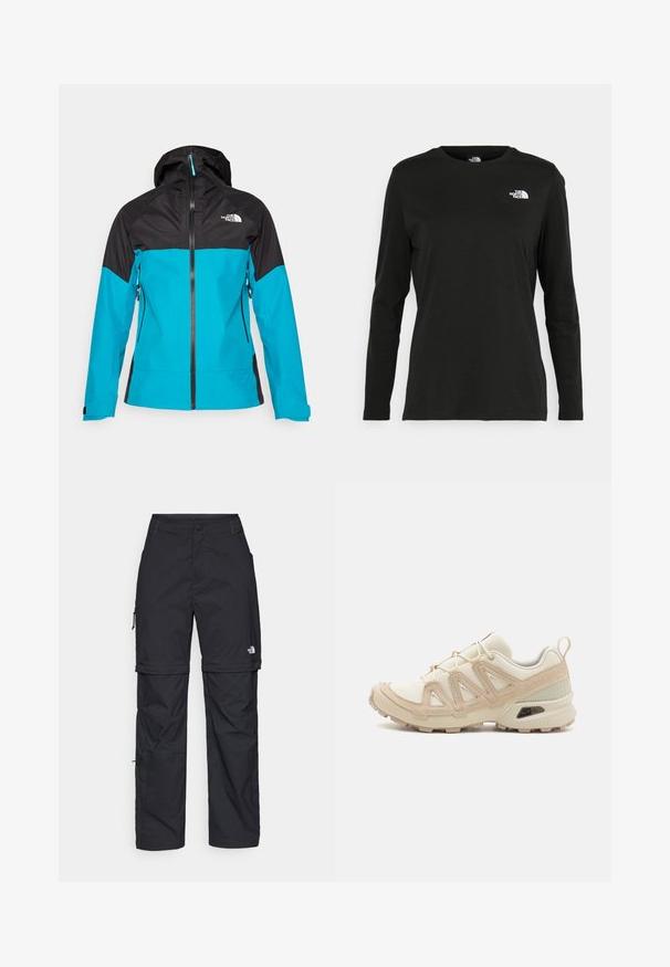 Hooded jacket with a black top section and turquoise bottom, featuring a front zipper and side pockets, made from a lightweight, waterproof material.; Black long-sleeve t-shirt made of cotton with a round neck. Features a small white logo on the left chest area. Simple design and fit.; Black nylon zip-off cargo trousers with adjustable cuffs, multiple pockets, and a logo on the right leg. Smooth, lightweight texture.; Beige and cream athletic shoe with textured mesh upper, supportive overlays, and rubber outsole featuring a tread pattern for traction.