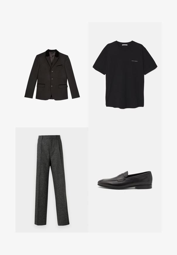 The Kooples Giacca - black; T-shirt in cotone nero con collo rotondo, maniche corte e stampa bianca del logo sul lato sinistro del petto. Design semplice e monocromatico.; Pantaloni grigi su misura realizzati in tessuto strutturato, con due pieghe frontali e un design a gamba dritta. Nessuna tasca o decorazione visibile.; Mocassino da uomo in pelle nera con tacco basso e design classico a striscia, mostrato in profilo laterale su sfondo bianco.
