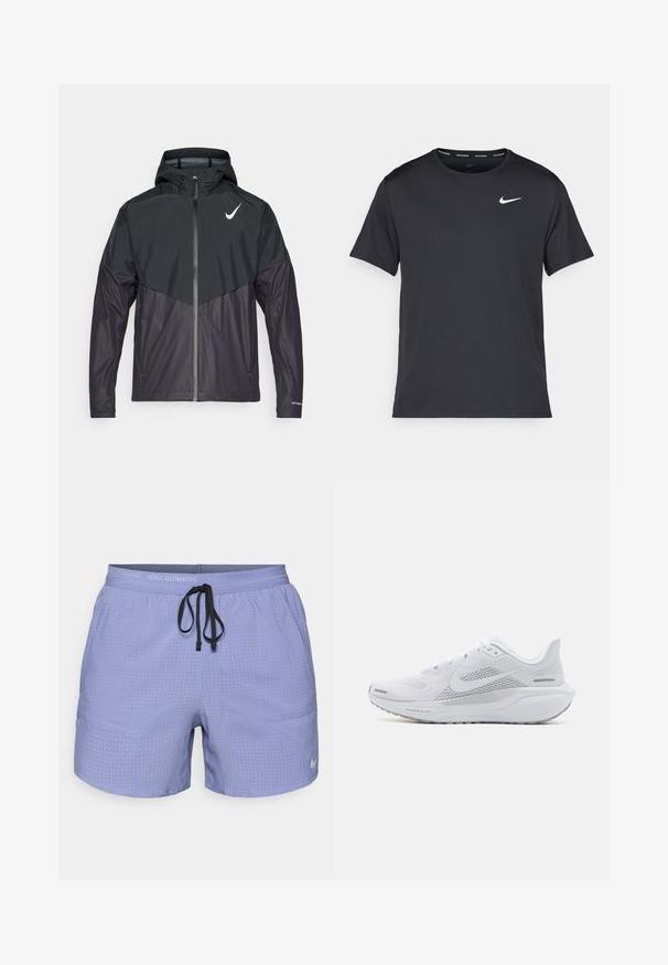 Giacca sportiva nera con zip frontale, cappuccio e un design bicolore. Presenta un logo bianco sul lato sinistro del petto e tessuto testurizzato.; Maglietta da corsa Nike nera realizzata in materiale leggero e traspirante, con maniche corte e un piccolo logo bianco sul petto.; Shorts da corsa Nike viola con un design perforato, vita elasticizzata, cordoncino nero regolabile e un piccolo logo bianco sul lato.; Scarpa sportiva bianca con tomaia in rete, sovrapposizioni a trama liscia, accenti grigi, lacci e una suola ammortizzata progettata per le prestazioni.