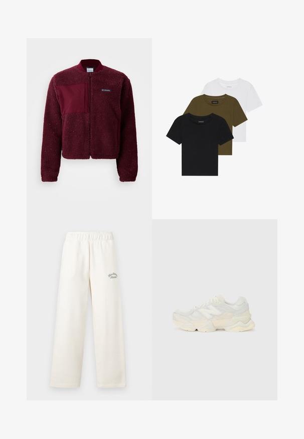 Bordeaux fleecejack met een ritssluiting aan de voorkant, ronde hals, gebreide manchetten en een contrasterend stoffen patch op de borst. Zachte, gestructureerde oppervlakte.; Drie crew-neck t-shirts in zwart, olijfgroen en wit. Korte mouwen, geribbelde halslijnen en een getailleerd ontwerp.; Crème kleurige wijde broek gemaakt van zacht materiaal met een elastische tailleband. Heeft subtiele groene geborduurde tekst aan de voorkant.; Lichte sneaker met een bovenwerk van mesh en suede in zachte crèmekleuren, met een chunky zool en driedimensionale accenten.