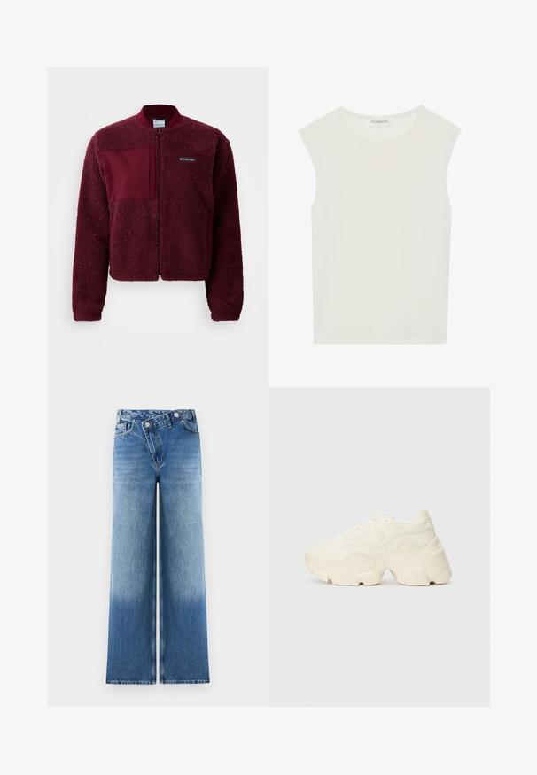 Burgundi värvi fliisjakki kapuutsiga, lukuga ees, ümmarguse kaeluse, kudumisega mansettide ja kontrastse kangast riidega rinnal. Pehme, tekstuurse pind.; Valge ilma varrukateta topp ümmarguse kaelusega. Valmistatud siledast kangast, sellel on mugav lõige ja minimalistlik disain. Ei ole mustreid ega aksessuaare.; Heledad sinised laiad püksid, millel on kulunud pesu, klassikalise viie taskuga disain ja metallnupukillad vööl.; Paksud valged tennised, mis on valmistatud tekstureeritud võrgu- ja sünteetilistest materjalidest, pakuvad paksu tallaga ja keerukat mustrit külgedel.