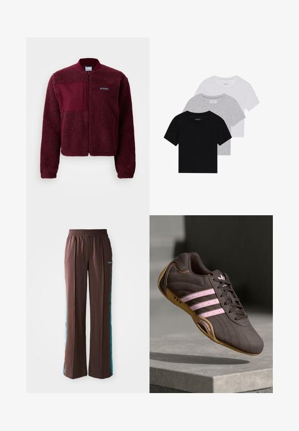 Bordo vilnos striukė su užtrauktuku priekyje, apvaliu kaklu, mezginiais ant rankovių ir kontrastinga medžiagos pleistra krūtinėje. Minkštas, tekstūruotas paviršius.; Trijų trumpomis rankovėmis marškinėlių rinkinys juodos, pilkos ir baltos spalvos. Pagaminti iš medvilnės, turi apvalų iškirpimą ir paprastą, vientisos spalvos dizainą.; Rudos sportiniai kelniukai su raukšlėtu paviršiumi, elastinga juosta ir turkio spalvos šoninėmis juostelėmis. Priekyje yra adidas logotipas.; Rudos suedinės sportinės bateliai su rožinėmis juostelėmis ir logotipu, turintys tekstūruotą viršutinę dalį, raištelių uždarymą ir guminį padą.
