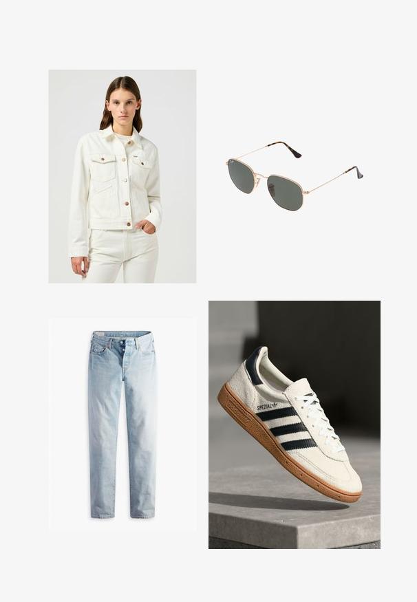 Witte denimjack met een kraag, knoopsluiting en twee borstzakken. Heeft kopertone knopen en een aansluitend ontwerp.; Grijze kabelgebreide trui met lange mouwen, een geribbelde zoom en een ronde hals. Kleine logo-accent op de borst.; Lichtblauwe denim jeans met een rechte pijp, twee voorzakken en twee achterzakken. Inclusief een dubbele knoopsluiting en subtiele stiksels.; Witte suède sneakers met marineblauwe strepen, rubberen gumzool, gestructureerde bovenkant, ronde neus en veters; heeft branding aan de zijkant en op de tong.; Gouden metalen zonnebril met donkergroene lenzen, aviator-stijl, met slanke scharnieren en schildpad-accenten op de uiteinden.; Grijze synthetische draagtas met twee lange handvatten en een bijpassend klein met rits te sluiten etui met een kwastje. Gladde textuur met een subtiel patroon.