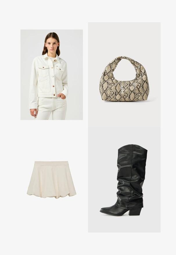 Hvid denimjakke med krave, knaplukning og to brystlomme. Har kobberfarvede knapper og en tætsiddende pasform.; Strikket top i beige med åbenvævning. Har scallopkanter, et blomstermønster strikket ind i stoffet og ærmeløs skæring.; Cremefarvet nederdel med en blød, glat tekstur, rundet design og en bølget kant. Har en bred, elastisk talje for komfort.; Sorte læderknæhøje støvler med et skrånet design, spids tå og chunky hæl, der har en glat overflade og minimal syning.; Slangeprint håndtaske med et buet håndtag. Lavet af strukturerede, beige og brune materialer, med et karakteristisk diamantmønster.