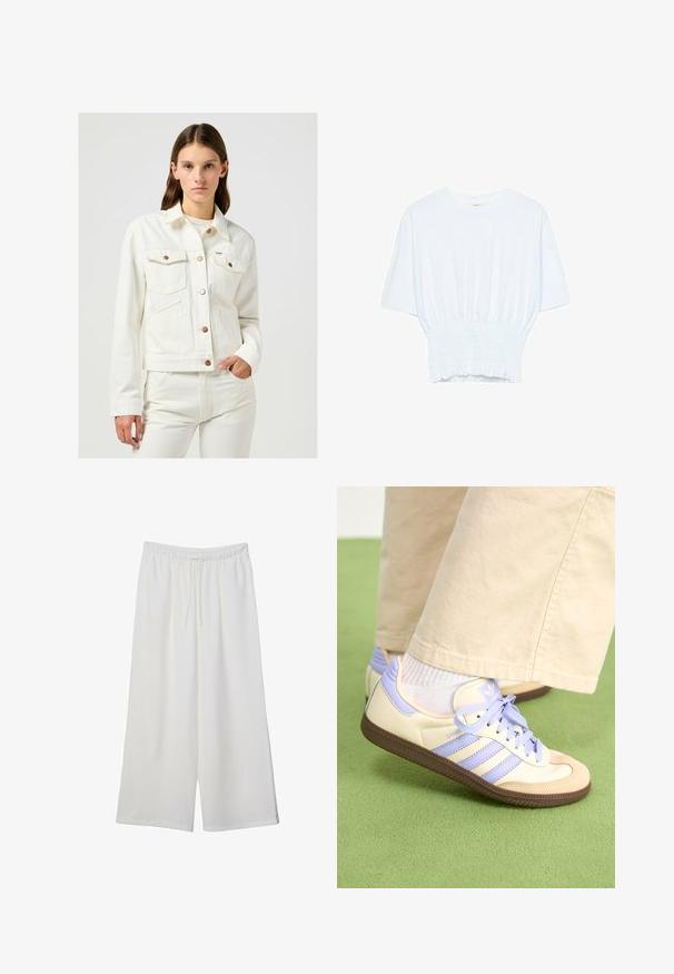 Biała kurtka dżinsowa z kołnierzykiem, z zapięciem na guziki i dwiema kieszeniami na klatce piersiowej. Posiada mosiężne guziki i dopasowany krój.; Biała koszulka z krótkim rękawem o luźnym kroju i marszczonym wykończeniu w talii. Wykonana z miękkiego, lekkiego materiału.; Białe szerokie spodnie wykonane z lekkiego materiału, z elastyczną talią i sznurkiem do regulacji fasonu. Gładka tekstura.; Kremowe i lawendowe trampki z trzema paskami oraz teksturowaną brązową podeszwą, wyposażone w sznurówki i wyścieloną piętę. Górna część z miękkiego materiału.