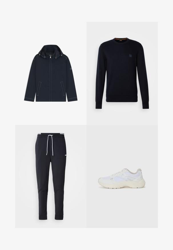 Casaco impermeável azul-marinho com fecho de correr frontal, capuz ajustável e dois bolsos laterais. Apresenta costuras brancas contrastantes e detalhe do logótipo.; Suéter de malha azul-marinho com mangas longas, decote redondo, punhos e bainha canelados, apresentando um pequeno patch logo quadrado no peito.; Calças de jogger ajustadas pretas com cordão branco, cintura elástica com riscas brancas e pequeno logo branco na parte superior da coxa.; Ténis brancos desportivos feitos de malha e camurça, com uma entressola texturizada, elementos texturizados e o logótipo "HUGO" na lateral.