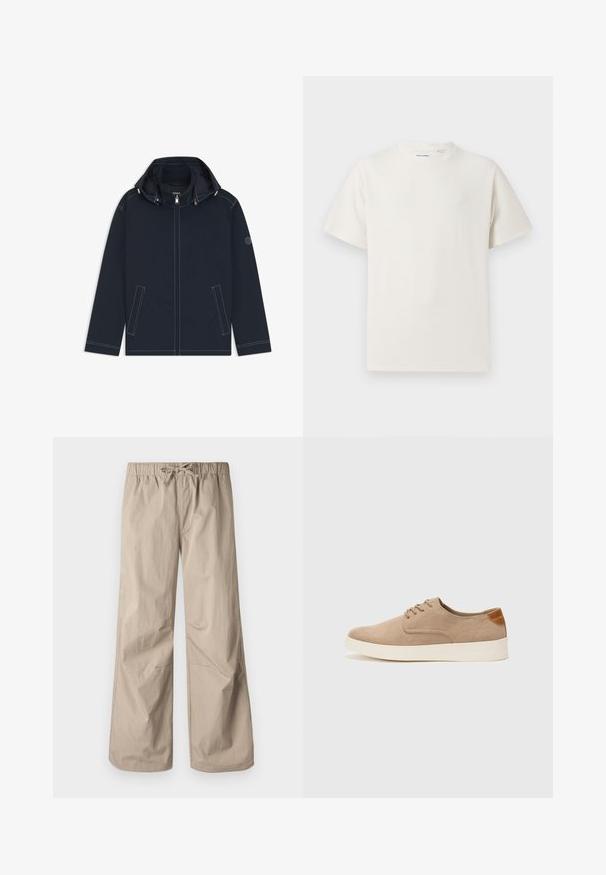 Námořnická voděodolná bunda s předním zipem, nastavitelnou kapucí a dvěma bočními kapsami. Má kontrastní bílé švy a detail s logem.; Bílý krátký rukáv tričko s pružnou strukturou. Kulatý výstřih, volný střih, bez viditelných vzorů nebo detailů. Jednoduchý a univerzální design.; Béžové kalhoty širokého střihu s elastickým pasem a stahovací šňůrkou. Hladký materiál, dvě boční kapsy a minimální švy pro uvolněný fit.; Béžové semišové tenisky s kulatou špičkou, šněrováním vpředu a texturovaným zadním akcentem. Bílá gumová podrážka poskytuje kontrast. Jednoduchý a moderní design.