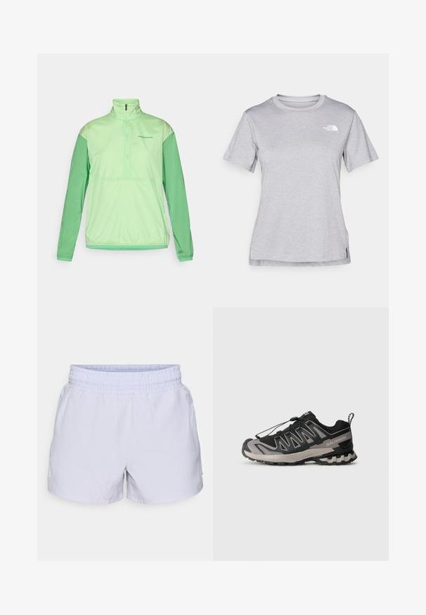 Lys grøn halv-zip jakke med lange ærmer. Fremstillet af glat, letvægtsstof. Har kontrasterende mørkere grønne ærmer og elastiske manchetter.; Grå kortærmet T-shirt lavet af blødt, fugttransporterende materiale. Har en rund hals og et lille hvidt logo øverst til venstre.; Lyslilla shorts med elastisk talje, lavet af glat stof. Fungerer med et lille logo detaljeret på siden. Letvægtsdesign.; Sort og grå atletiksko med overdel i mesh, gummisål og elastisk snøresystem. Har forstærket tå og teksturerede detaljer.