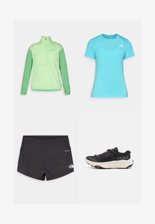 Chaqueta verde claro con media cremallera y mangas largas. Está hecha de una tela suave y liviana. Presenta mangas en un verde más oscuro y puños elásticos.; Camiseta de manga corta azul claro hecha de tejido suave, con un cuello redondo y un pequeño logo blanco en la parte superior izquierda.; Pantalones cortos deportivos negros con una tela texturizada, cinturilla ancha y detalle de logo lateral de The North Face. Diseñados para ropa activa.; Zapatillas deportivas negras con parte superior de malla transpirable, suela de goma, entresuela blanca acolchada y cordones reflectantes. Logo de Vibram en la suela.