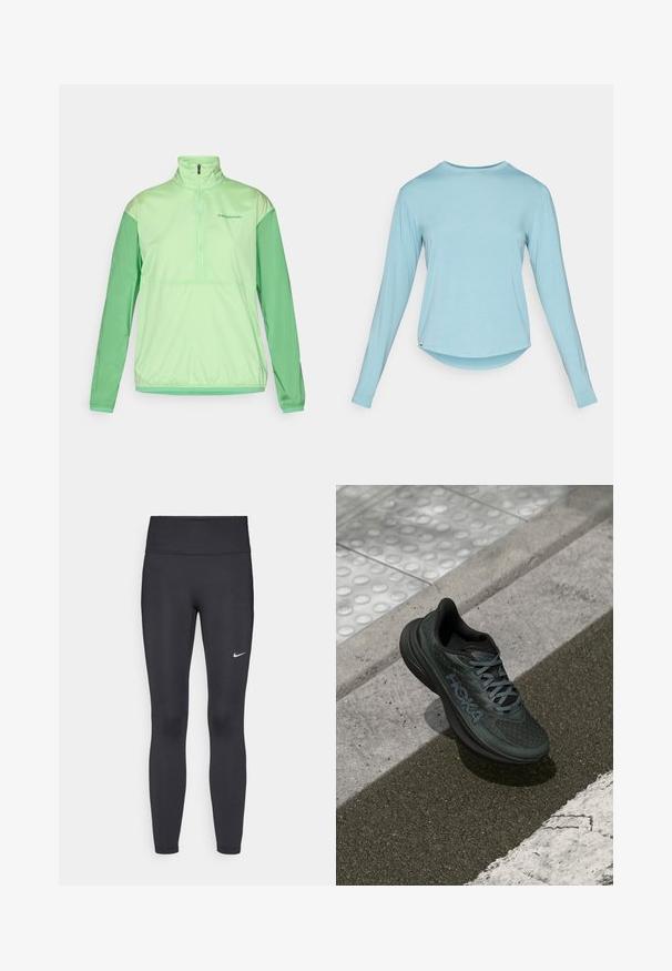 Jumper de meia zip verde claro, com mangas longas. Feito de um tecido liso e leve. Apresenta mangas em verde mais escuro em contraste e punhos elásticos.; Camiseta de manga longa azul clara com decote redondo e bainha ligeiramente arredondada, exibida de forma plana contra um fundo branco.; Leggings pretos feitos de tecido elástico, com uma cintura alta e um logo branco da Nike na coxa esquerda. Textura suave, design ajustado ao corpo.; Sapatilha de corrida preta com parte superior em malha, detalhes texturizados e logotipo, apresentando uma sola acolchoada e atacadores cinzentos, posicionada sobre o pavimento.