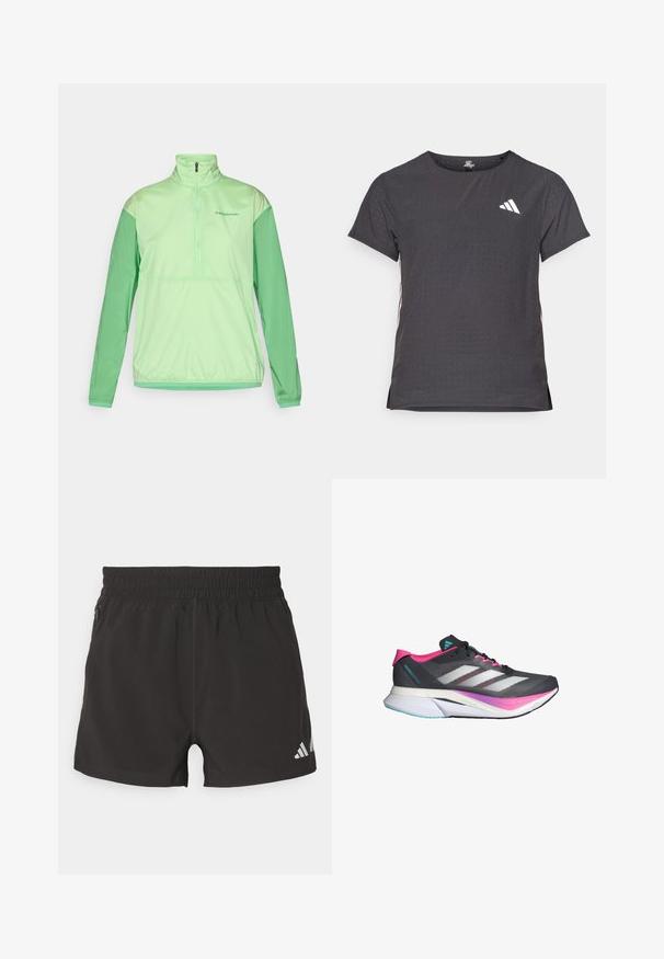 Lys grøn halv-zip jakke med lange ærmer. Fremstillet af glat, letvægtsstof. Har kontrasterende mørkere grønne ærmer og elastiske manchetter.; Kortærmet atletisk t-shirt, mørkegrå med perforeret tekstur. Har et hvidt logo og kontrastfarvede sidelister. Rundet halsudskæring.; Sorte atletiske shorts lavet af letvægtsstof. Har en elastisk talje, sidelommer med lynlås og et reflekterende logo på kanten.; Løbesko med et gråt mesh-overdel, pink detaljer og hvide striber. Har en polstret sål og et slankt, aerodynamisk design.