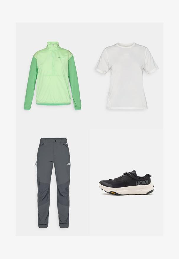 Svijetlozelena jakna na pola zatvaranja s dugim rukavima. Izrađena od glatkog, laganog materijala. Ima kontrastne tamnije zelene rukave i elastične manšete.; Bijela kratkodlana atletska majica s kratkim rukavima, okruglim izrezom i malim logotipom "Salomon" smještenim u središtu prsnog dijela.; Tamno sivi vanjski hlače s ojačanim koljenima, patentnim zatvaračem na bočnim i prednjim džepovima, kopčom na dugme i logotipom The North Face na bedru.; Crne atletske cipele s prozračnom mrežicom na gornjem dijelu, gumenim potplatom, bijelim amortizirajućim srednjim dijelom i reflektirajućim vezicama. Vibram logo na potplatu.