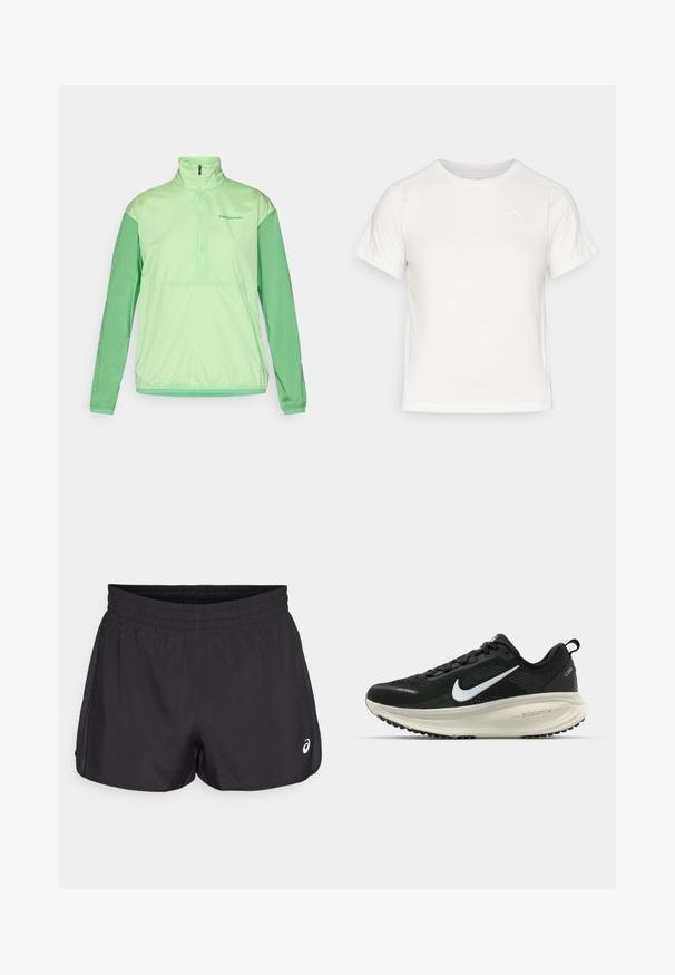 Lys grøn halv-zip jakke med lange ærmer. Fremstillet af glat, letvægtsstof. Har kontrasterende mørkere grønne ærmer og elastiske manchetter.; Let T-shirt i let hvidt med korte ærmer, rund hals og et lille logo i øverste venstre hjørne. Glat stof med en subtil glans.; Sorte atletiske shorts med elastisk talje, glat tekstur, buet kant og side mesh-detaljer. Har et lille logo foran.; Sort Nike løbesko med åndbart mesh-overdel, hvidt swoosh-logo, tekstureret detaljering og en cremede ZoomX mellemsål.