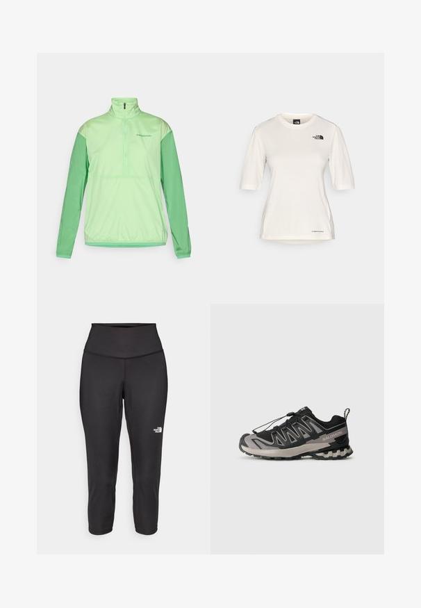 Lys grønn halv-zip jakke med lange ermer. Laget av glatt, lett stoff. Har kontrasterende mørkere grønne ermer og elastiske mansjetter.; The North Face SHADOW SHORT SLEEVE  - T-skjorte til trening - white dune; Sorte capri leggings laget av elastisk stoff, med høy midje og en liten hvit logo på venstre side. Glatt tekstur.; Svart og grå atletisk sko med mesh-overdel, gummisåle og elastisk snøresystem. Har forsterket tå og teksturerte detaljer.