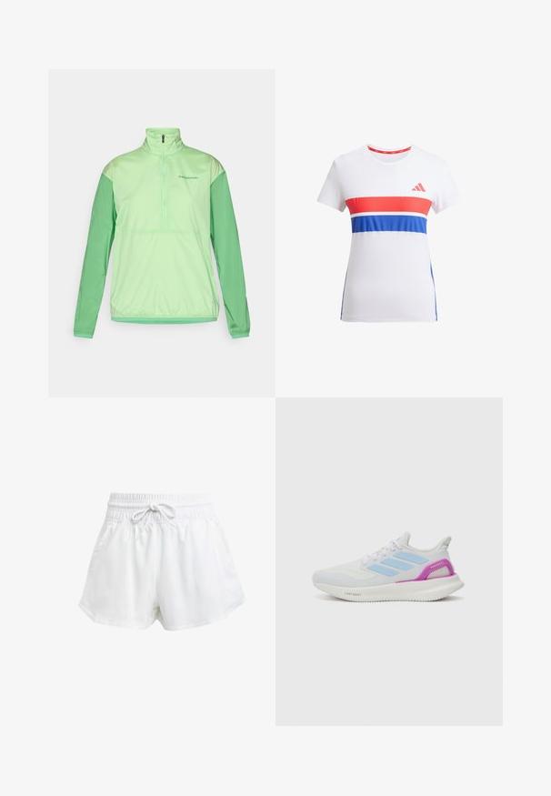 Svetlozelená polovičná zipsová bunda s dlhými rukávmi. Vyrobená z hladkej, ľahkej tkaniny. Má kontrastné tmavozelené rukávy a elastické manžety.; Biele športové tričko s červenými a modrými horizontálnymi pruhmi, okrúhlym výstrihom, krátkymi rukávmi a logom na hrudi.; Biele športové šortky s elastickým pásom a nastavitelnou šnúrkou. Vyrobené z ľahkého materiálu, s bočnými vreckami a voľným strihom.; adidas Performance PUREBOOST 5 - Cestná bežecká obuv - white/glow blue/purple burst