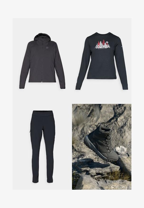 Must võiheline jakk, millel on täispikk tõmblukk, kerge logo rinna peal ja sile, kerge kangas. Lihtne ja voolujooneline disain.; Pikend varrukatega tumehall särk, millel on punaste puude ja mägede graafika; "COLUMBIA" logo julge valge tekstiga. Pehme kangas, tavaline ümmargune kaelus.; Mustad mustad sportpüksid kitsaste lõikega, elastse vöökoha ja küljetaskuga, millel on tõmblukk. Sile, veniv kangas minimaalsete õmblustega.; Tumehallid matkajalatsid, mis on valmistatud sünteetilisest materjalist, omavad pehmendatud kaelaosa, metallist silmuseid ja tekstuurset kummist tallat, mis tagab haarduvuse.