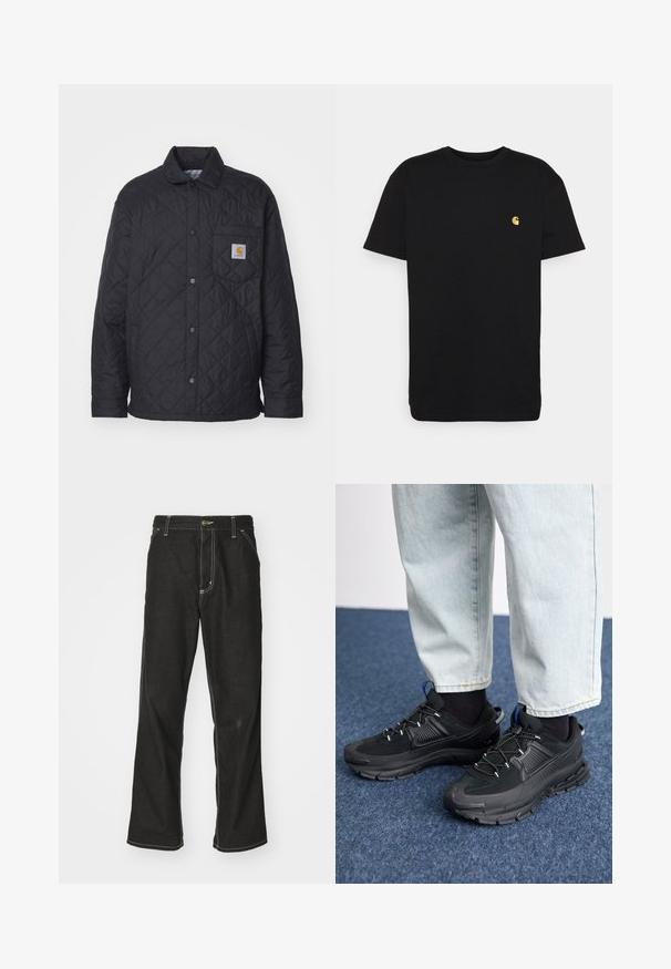 Mustast tikutatud jakk nööpidega ees, krae ja rinna tasku. Omab väikest logo sildikest taskul ja tekstuurset kangast viimistlust.; Must must tee, lühikeste varrukatega, ümar kaelus ja vasakul rinnal väike kollane logo. Lihtne disain ja regulaarne istuvus.; Mustadest denimist püksid, lahtise lõikega, kontrastsete valgete õmblustega, nööbiga kinnitamine ja sirge säär.; Mustad mustad jooksukingad, millel on tekstureeritud kangas ja kummist tallad, elastsed nöörid ning sinine aksent kandadel. Kandmine heledate teksadega.