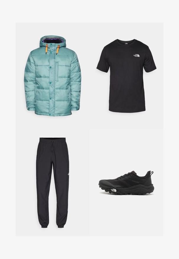 Tirkīza krāsas pūkains mētelis ar kapuci, kas aprīkots ar oranžām auklām, pogām-atzīmēm un priekšējo kabatu, izgatavots no spīdīgas, iešūtas materiāla.; Melna īsām piedurknēm T-krekls, kas izgatavots no kokvilnas, ar apaļu dekoltē un nelielu baltu logotipu augšējā kreisajā krūtīs.; Melni sporta bikses, kas izgatavotas no viegla auduma, ar savelcamu jostu, sānu kabatām un sašaurinātiem apakšējiem galiem pie potītēm.; Melnas taku skriešanas kurpes ar teksturētu virsu, gumijas zoli un pastiprinātu pirkstu daļu. Aprīkotas ar mīkstu apkakli un vilkšanas cilpu, lai viegli uzvilktu.