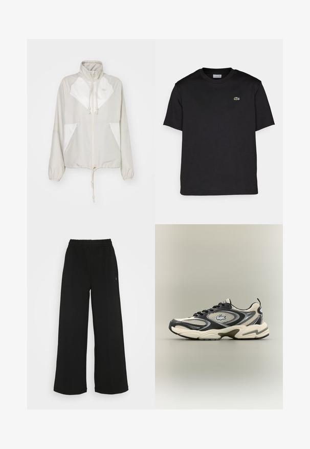 Lys grå vindjakke med hvite detaljer, høy krage, snøring i livet, elastiske mansjetter og to frontlommer. Lacoste-logoen er synlig.; Svart bomull T-skjorte med rund hals, korte ermer og en liten grønn brodert logo på venstre bryst. Enkelt design.; Svarte vide bukser med elastisk midjebånd. Laget av et mykt og lett materiale. Har vertikale sømmer langs fronten.; Svart og beige mesh joggesko har en polstret krage, teksturert overdel og en fremtredende logo på siden. Strømlinjeformet design med buet såle.
