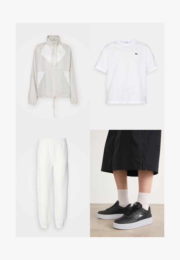 Heledane hall grey tuulejakker valgete aksentidega, kõrge kaelus, paelad vöökoht, elastsed varrukad ja kaks eesmist taskut. Lacoste logo on väljas.; Valge puuvillane T-särk ümmarguse kaelusega ja lühikeste varrukatega. Rinnal on roheline tikandiga logo. Pehme tekstuur, vabalt langev lõige.; Valged dressipüksid pehmest kootud kangast. Elastne vöökoht ja mansetid tagavad mugava istuvuse. Minimalistlik disain, ilma silmapaistvate mustrite või aktsentideta.; Mustad musta nahast tossud valge kummist tallaga, millel on logo küljel, ümmargune varvas ja mustad lipsud. Kandsid valgete sokkidega.