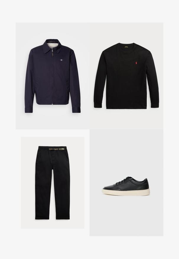 Námořnická modrá bunda s límečkem, předním zipem, bočními kapsami a malým logem na levém prsu. Hladká textilie.; Černé dlouhé tričko s dlouhým rukávem vyrobené z bavlny. Má kulatý výstřih, žebrované manžety a malé červené vyšití loga na hrudi. Hladká textura.; Černé kalhoty vyrobené z lehkého materiálu, s elastickým pasem a integrovaným zeleným páskem, rovného střihu a bočními kapsami.; Černé kožené nízké tenisky s černými tkaničkami a slonovinovou podešví, zobrazené v bočním profilu na bílém pozadí.