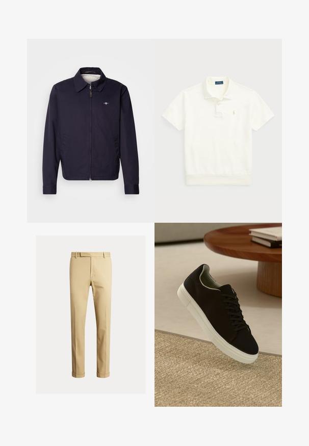 Tamsiai mėlynas švarkas su apykakle, priekyje užtrauktukas, šoniniais kišenėmis ir maža logotipo detale kairiajame krūtinės kampe. Lygus audinio paviršius.; Polo Ralph Lauren LOOPBACK FLEECE POLO-COLLAR SWEATSHIRT - Polo marškinėliai - clubhouse cream; Kaki chinos, pagaminti iš lygaus medvilnės audinio, turintys prigludusį siluetą, priekinę klostę ir manžetę ties kulkšnimis, siekiant siauresnio vaizdo.; Juodas sportinis batelis su baltu padu, lekiančius virš smėlio spalvos tekstūruoto kilimo šalia apvalaus medinio stalo su sukrautomis knygomis.