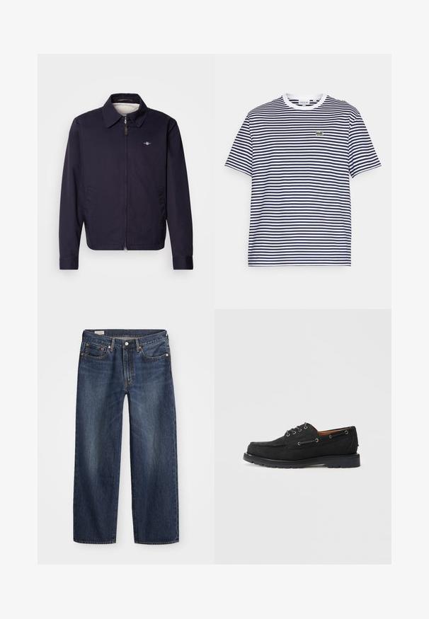 Tumed sinine jakk, millel on kaelus, esipoolne tõmblukk, küljetaskud ja väike logo detail vasakul rinnal. Sile kangatekstuur.; Tumesinine ja valge triibuline puuvillane t-särk ümmarguse kaela ja lühikeste varrukatega. Ees on väike roheline krokodilli logo.; Tumedast sinisest denimist valmistatud sirge lõikega teksad, viie taskuga disain, metallist nööp ja tõmblukk, ning peened kulumisjäljed.; Mustad musta sametist paadisussid nööriga sulgemisega, metallist silmadega, kontrastsete õmblustega ja robustse kummist tallaga haarde tagamiseks.