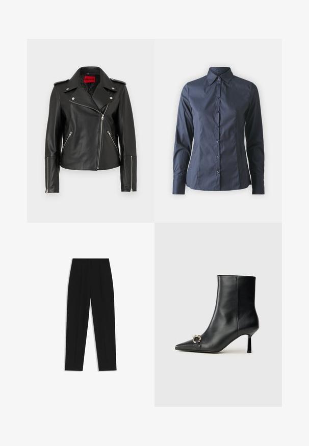Schwarze Leder-Motorradjacke mit silbernen Beschlägen, einem eingekerbten Kragen, Reißverschlusstaschen und einer taillierten Passform. Das Innenfutter zeigt das Markenlogo.; Marineblaues Langarmhemd mit Knopfverschluss vorne, spitzem Kragen und taillierter Passform. Hergestellt aus glattem, leichtem Stoff.; Schwarze Hose mit geradem Schnitt, doppelten Falten, einer glatten Textur und einem klassischen Bunddesign. Keine sichtbaren Beschläge oder Akzente.; Schwarze Leder-Stiefelette mit spitzer Zehe, schlankem, mittelhohem Absatz und silberner Schnalle seitlich vor einem schlichten Hintergrund.