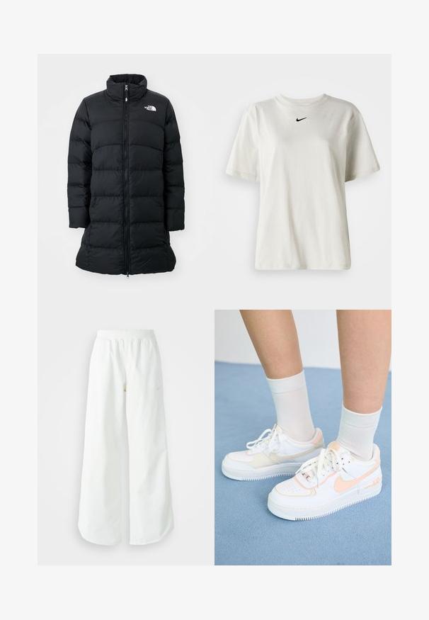 Mustmust coat kõrge krae, lukuga esiosa ja horisontaalsete õmblemistega, vasakul rinnal logo. Keskmise pikkusega disain.; Valge puuvillane T-särk, millel on ümmargune dekoltee ja lühikesed varrukad. Rinnal on väike must Nike logo. Lihtne ja kaunistusteta disain.; Valged laiad spordipüksid, ribadega vöökoht ja diskreetne logosümbol. Sile kangas, lõdvestatud istuvus ja kitsenev ääreosa.; Valged tossud virsiku aktsentidega, siledast nahast ülemine osa, perforatsiooni mustri pool, tekstureeritud talla ja paeltega. Kantud valgete lühikeste sokkidega sinisel pinnal.