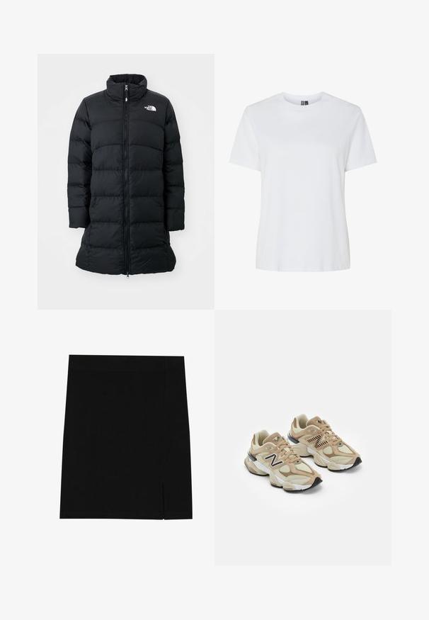 Svart puffjacka med hög krage, dragkedja framtill och stickade horisontella sömmar, med en logotyp på vänster bröst. Midje-lång design.; Vit bomullströja med korta ärmar och rund halsringning. Slät textur, avslappnad passform och inga synliga mönster eller detaljer.; Svart mini kjol i mjukt tyg med en åtsittande design, utrustad med en liten slits på sidan för extra detalj.; Beiga sneakers i mesh och mockamaterial. Har en svart logotyp och texturerade detaljer. Tjock vit mellansula och svart gummisula.