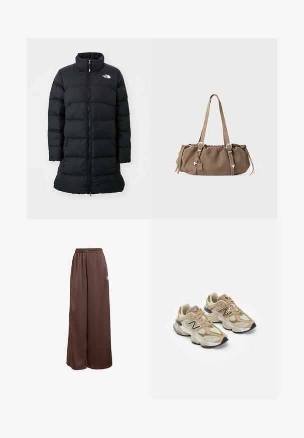Černá péřová bunda s vysokým límcem, zapínáním na zip a šitými horizontálními švy, s logem na levém prsu. Střední délka.; Bílá bavlněná tričko s krátkým rukávem a kulatým výstřihem. Hladká textura, volný střih a žádné viditelné vzory nebo akcenty.; adidas Originals Teplákové kalhoty - auburn cream white; Béžové tenisky vyrobené z materiálů síťoviny a semiše. Obsahují černé logo a texturované prvky. Silná bílá mezipodešev a černá gumová podrážka.; Hnědá semišová kabelka se staženým vrškem, kovovými stříbrnými akcenty a dvěma ramenními popruhy. Má obdélníkový tvar a minimalistický design.