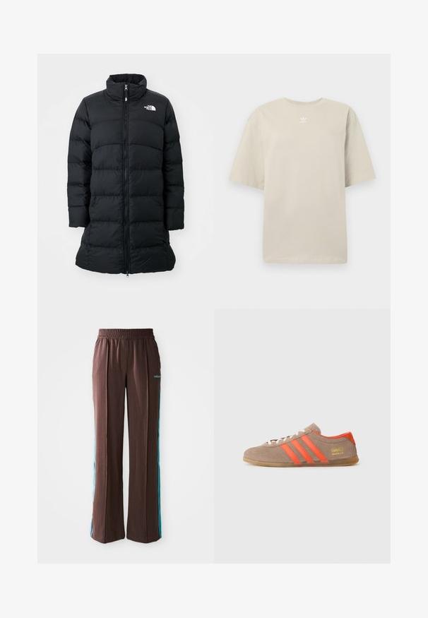 Abrigo de plumas negro con un cuello alto, frente con cremallera y costuras horizontales acolchadas, que presenta un logo en el lado izquierdo del pecho. Diseño de longitud media.; Camiseta de manga corta beige de algodón, con cuello redondo y pequeño logo blanco de Adidas impreso en el pecho. Textura suave, corte holgado.; Pantalones deportivos marrones con textura acanalada, cinturilla elástica y rayas laterales turquesas. Presenta el logo de adidas en la parte frontal.; Zapatillas de ante marrón con tres rayas naranjas brillantes, parte frontal con cordones y el logo dorado "Gazelle" en el lateral. Suela de goma plana.