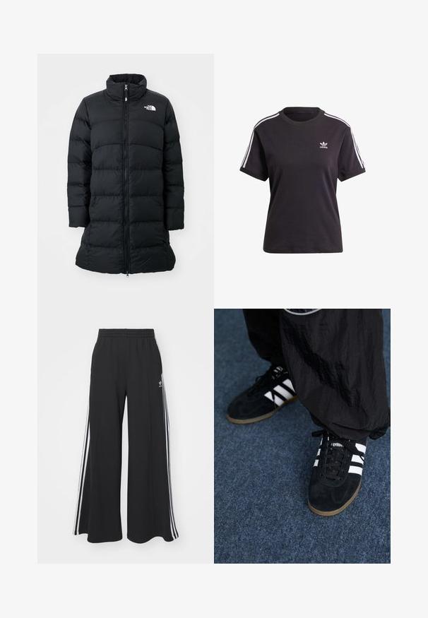 Casaco puffer preto com gola alta, fecho éclair à frente e costuras horizontais acolchoadas, apresentando um logótipo no lado esquerdo do peito. Design de comprimento médio.; T-shirt preto de algodão de mangas curtas com gola redonda, apresentando riscas brancas nos ombros e um pequeno logotipo branco da Adidas no peito.; Calças de suor largas e pretas com uma cintura elástica, apresentando riscas brancas nas laterais e um logótipo bordado na coxa esquerda.; Tênis atléticos em camurça preta com três listras brancas e cadarços pretos. Uma calça preta texturizada é parcialmente visível ao lado dos tênis.