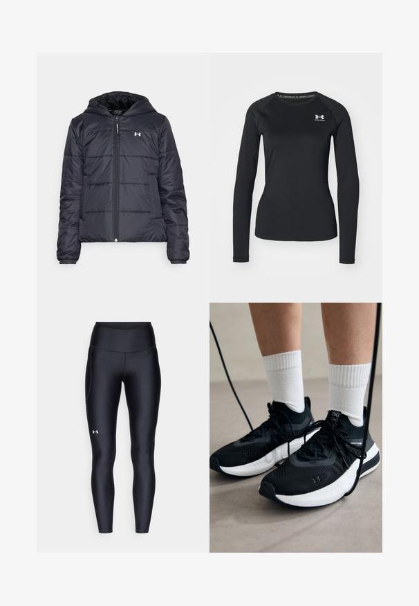 Mørkeblå dunjakke med hette, med glidelås og ribbede mansjetter. Inkluderer diskret søm og en logo på venstre bryst.; Svart langermet treningsskjorte laget av glatt stoff, med rund hals og en liten hvit logo på venstre bryst.; Sorte leggings laget av glatt, elastisk materiale med høy midje. Har en hvit logo på venstre lår og en tettsittende design.; Svarte treningssko med teksturert stoff, hvit såle og svarte snøringer. Brukt med hvite ribbestrikkede sokker, stående på en lys overflate.
