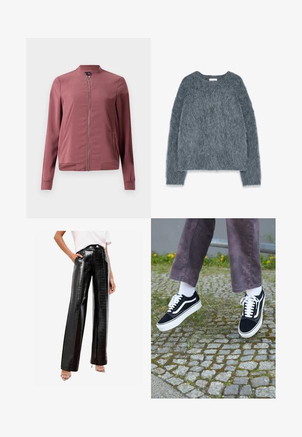 Giacca bomber leggera color bordeaux con colletto rotondo, zip frontale e due tasche laterali. Presenta polsini e orlo a costine per un aspetto aderente.; Maglione grigio testurizzato con una vestibilità ampia, maniche lunghe e scollatura larga. Materiale morbido e peloso con una leggera lucentezza. Nessun motivo o accento prominente.; Pantaloni neri a vita alta realizzati in finta pelle lucida, caratterizzati da un motivo a coccodrillo, tasche laterali e design a gamba dritta.; Sneaker in suede nero con dettagli bianchi, caratterizzati da una punta arrotondata, suola spessa bianca e design classico con lacci, indossati con calze bianche e pantaloni viola.