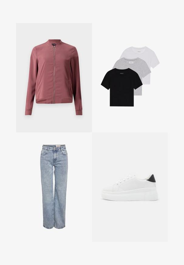 Lengvas bordo spalvos bombonešis su apvaliu apykakle, priekiniais užtrauktukais ir dviem šoninėmis kišenėmis. Ruoželiniai rankogaliai ir apykaklė suteikia prigludusį įvaizdį.; Trijų trumpomis rankovėmis marškinėlių rinkinys juodos, pilkos ir baltos spalvos. Pagaminti iš medvilnės, turi apvalų iškirpimą ir paprastą, vientisos spalvos dizainą.; Šviesiai mėlyni plačios kojų džinsai, pagaminti iš džinsinio audinio, pasižymintys aukštu liemeniu, penkių kišenių dizainu ir subtiliu blukimu, kad atrodytų jau dėvėti.; Balti platforminiai sportbačiai, pagaminti iš lygios sintetinio audinio, su apvaliu pirštu, raištelių užsegimu ir tekstūruota guma padanga. Juodas kulno akcentas.