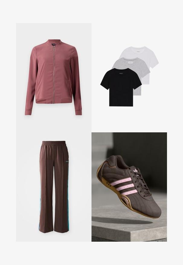 Lekka, burgundowa kurtka bomberka z okrągłym kołnierzem, zamkiem błyskawicznym z przodu i dwiema bocznymi kieszeniami. Posiada ściągacze przy mankietach i dolnej krawędzi, co zapewnia dopasowany wygląd.; Zestaw trzech koszulek z krótkim rękawem w kolorze czarnym, szarym i białym. Wykonane z bawełny, z okrągłym dekoltem i prostym, jednolitym wzorem.; Brązowe spodnie sportowe o ribbowanej fakturze, z elastycznym pasem i turkusowymi paskami po bokach. Posiadają logo adidas z przodu.; Brązowy zamszowy but sportowy z różowymi paskami i logo, z teksturowaną cholewką, sznurowaniem i gumową podeszwą.
