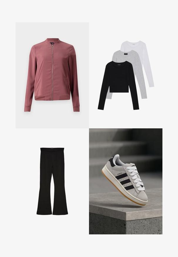Lehká bordó bomber bunda s kulatým límcem, předním zipem a dvěma postranními kapsami. Má žebrované manžety a lem pro dobře padnoucí vzhled.; Tři trička s dlouhým rukávem naskládaná na sobě: černé, šedé a bílé. Každé má kulatý výstřih a kratší střih z hladkého, lehkého materiálu.; Černé legíny s rozšířením vyrobené z elastického materiálu. Mají široký pás a hladkou strukturu, s přiléhavým střihem, který se na lemu rozšiřuje.; adidas Originals CAMPUS 00S W - Tenisky - crystal white/core black/off white