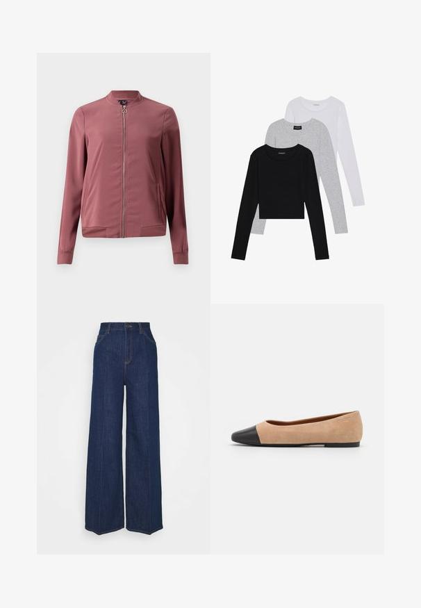 Lahka, temno rdeča bomberska jakna s krožnim ovratnikom, sprednjim zadrgo in dvema stranskima žepoma. Ima rebraste manšete in spodnji del za prilega izgled.; Tri dolga rokava zložena: črna, siva in bela. Vsaka ima okroglo izreznico in skrajšan dizajn z gladkim, lahkotnim materialom.; Temno modri džins s širokimi nogavicami in visokim pasom, z žepi spredaj in zadaj, gumbom za zapiranje in vidnimi šivi.; Bež suedska baletna obutev s črnim usnjenim okroglim delom na prstih, nizko peto in gladko teksturo, ki se ponaša z minimalnimi šivi in čistim dizajnom.