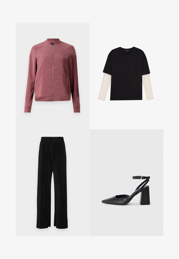 Casaco bomber leve, na cor bordô, com gola redonda, fecho frontal e dois bolsos laterais. Apresenta punhos e bainha em ribana para um ajuste justo.; T-shirt preta de algodão, com mangas curtas sobre uma camada de mangas longas branca com um padrão texturizado subtil. Design de decote redondo.; Calças pregueadas pretas com uma cintura elástica. Apresentam pernas largas e um tecido liso, texturizado com riscas verticais.; Sandal com biqueira afilada em couro preto, com cinta no tornozelo e salto grosso. Textura lisa, design elegante e estética minimalista.