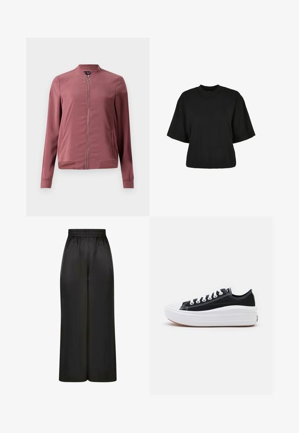 Viegls bordo bomberjakas ar apaļu apkakli, priekšējo rāvējslēdzēju un divām sānu kabatām. Iekļautas ribotas aproces un apakša, lai nodrošinātu pieguļošu izskatu.; Melnas īsā piegriezuma T-kreklis no kokvilnas. Tam ir īsas piedurknes un apaļa izgriezne. Gluda tekstūra ar vienkāršu dizainu, bez papildu rakstiem.; Melni plaši bikses, izgatavotas no gludas, spīdīgas auduma, ar elastīgu jostu un bez redzamām kabatām vai aparatūras detaļām.; Melni kanvas sporta apavi ar baltām šņorēm, baltu gumijas purngalu un masīvu baltu zoli. Iezīmējas ar smalku baltu šuvumu un gumiju zoli.