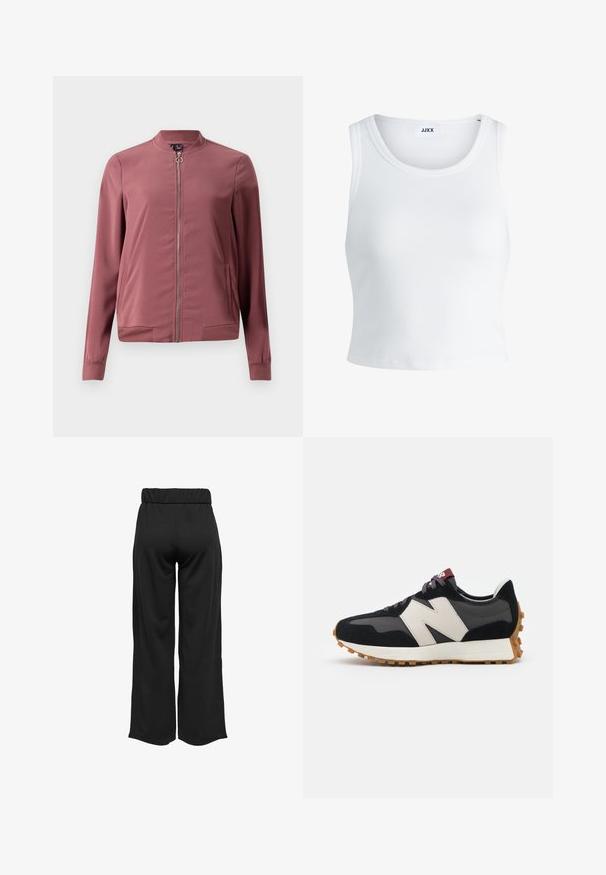 Lahka, temno rdeča bomberska jakna s krožnim ovratnikom, sprednjim zadrgo in dvema stranskima žepoma. Ima rebraste manšete in spodnji del za prilega izgled.; Bela rebrasta majica brez rokavov z okroglim izrezom in krajšo dolžino. Oznaka navaja "JJXX." Gladka tekstura tkanine.; Črne hlače širokega kroja z elastičnim pasom, izdelane iz gladkega materiala. Imajo preprost dizajn brez žepov ali vidnih šivov.; Črne in sive semiš športne copate z velikim kremnim logotipom "N", vijoličastimi vezalkami in teksturiranim gumijastim podplatom.