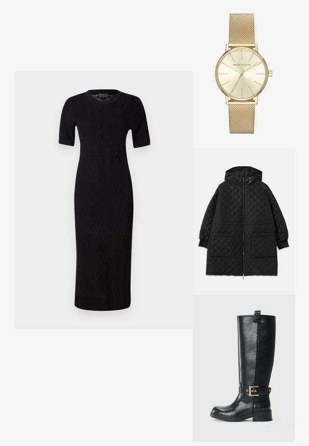 Černý prošívaný kabát s kapucí, předním zipem, dvěma velkými náprsními kapsami, manžetovými rukávy a nastavitelnými stahovacími šňůrkami na kapuci.; Černé pletené midi šaty s krátkým rukávem, zdobené geometrickým vzorem a kulatým výstřihem. Hladká textura a přiléhající silueta.; Černá kožená vysoká bota až ke kolenům s nízkým blokovým podpatkem, dekorativním zlatým páskem se sponou kolem kotníku a poutkem na stažení nahoře.; Zlaté nerezové ocelové hodinky s páskem z pletiva. Kulatý ciferník s broušeným zlatým povrchem, hodinovými indexy a krystalovými akcenty.